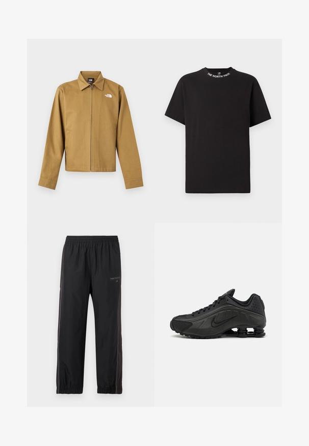 Veste zippée marron clair pour homme avec col, manches longues, poches latérales et logo blanc The North Face sur la poitrine.; T-shirt noir à manches courtes avec col rond affichant le texte "THE NORTH FACE" imprimé autour du col.; Pantalon de sport noir avec taille et chevilles élastiques, doté de bandes latérales et d'un petit logo New Balance sur le haut de la cuisse gauche.; Baskets de course noires avec une tige en synthétique lisse, des accents perforés, des panneaux latéraux texturés et une semelle distincte et rebondissante.