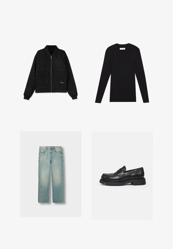 Zwarte ritsjack gemaakt van zachte stof, met een kraag, twee grote voorzakken en geribbelde manchetten. Minimalistisch ontwerp met een logo-accent.; Pier One MUSCLE FIT KNITJUMPER - Trui - black; Lichtblauwe denim jeans met een recht ontwerp, voorzien van vervaagde plekken, vijf zakken en zichtbare stiksels. Klassieke metalen knoopsluiting.; Zwarte leren loafer met dikke geribbelde zool en pennyriemdetail, getoond in rechter zijprofiel op witte achtergrond.