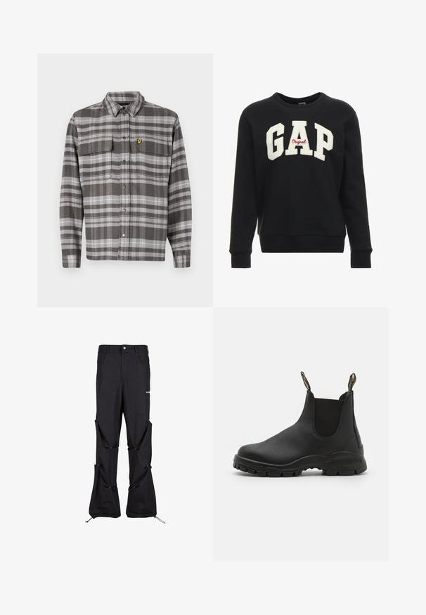 Grijze geruite shirt met twee borstzakken, knoopsluiting en gele logo-accent. De stof heeft een gestructureerde afwerking en een klassiek kraagontwerp.; Zwarte katoenen sweatshirt met een witte verhoopte "GAP" logo en rode tekst "Original", ronde hals en lange mouwen.; Zwarte cargo-broeken met afneembare secties, voorzien van knopen en trekkoorden aan de zoom. Gemaakt van duurzaam materiaal met een ontspannen pasvorm.; Zwarte enkellaarzen van glad rubber met elastische zijpanelen, een gestructureerde zool voor grip en treklussen aan de achterkant voor gemak bij het aantrekken.