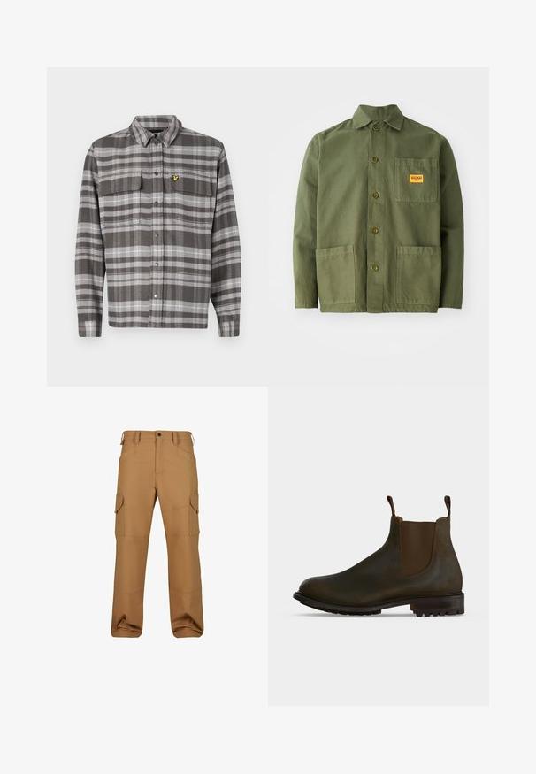Camisa de cuadros grises con dos bolsillos en el pecho, cierre de botones y acento de logo amarillo. La tela tiene un acabado texturizado y un diseño de cuello clásico.; Chaqueta verde oliva de algodón pesado, con cuello puntiagudo, botones frontales y dos grandes bolsillos de parche. Incluye un pequeño parche con el logo.; Pantalones cargo marrones fabricados con un tejido duradero, que cuentan con múltiples bolsillos, un corte relajado y detalles de costura reforzada.; Bota Chelsea de cuero marrón oscuro con paneles laterales elásticos, tiradores en el tobillo y suela de goma con tacos.