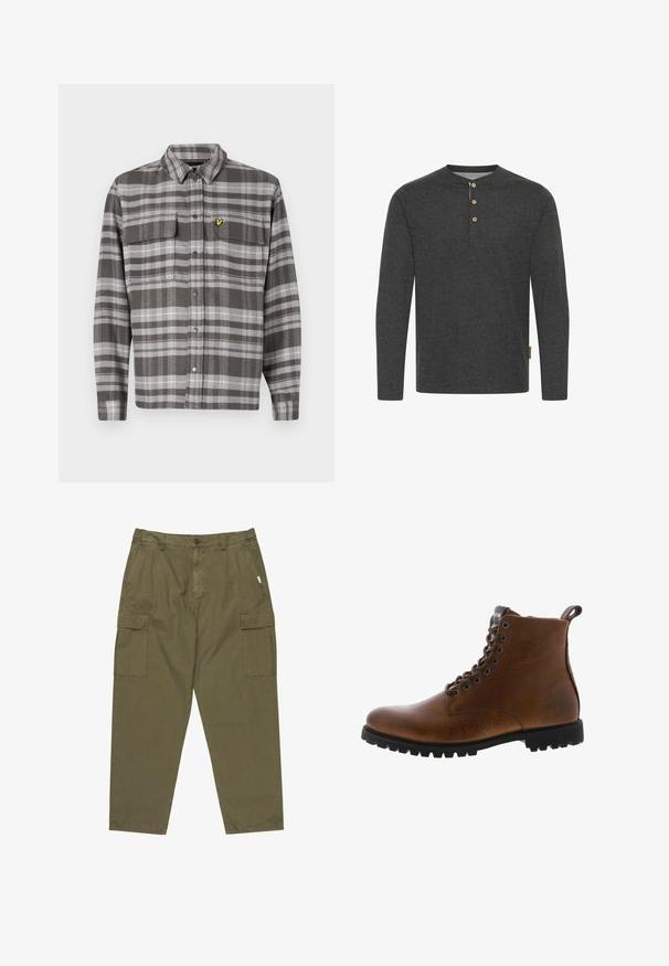 Camisa de cuadros grises con dos bolsillos en el pecho, cierre de botones y acento de logo amarillo. La tela tiene un acabado texturizado y un diseño de cuello clásico.; Camisa de manga larga gris oscuro hecha de tela suave, con un cuello henley y tres botones de madera, además de una etiqueta lateral.; Pantalones cargo verdes oliva hechos de algodón, con cierre de botón en la parte delantera, bolsillos laterales y dos grandes bolsillos cargo en los muslos.; Botas de cuero marrón hasta el tobillo con acabado texturizado, ojales de metal y suela de goma negra con protuberancias. Presenta una lengüeta en la parte posterior para facilitar su uso.