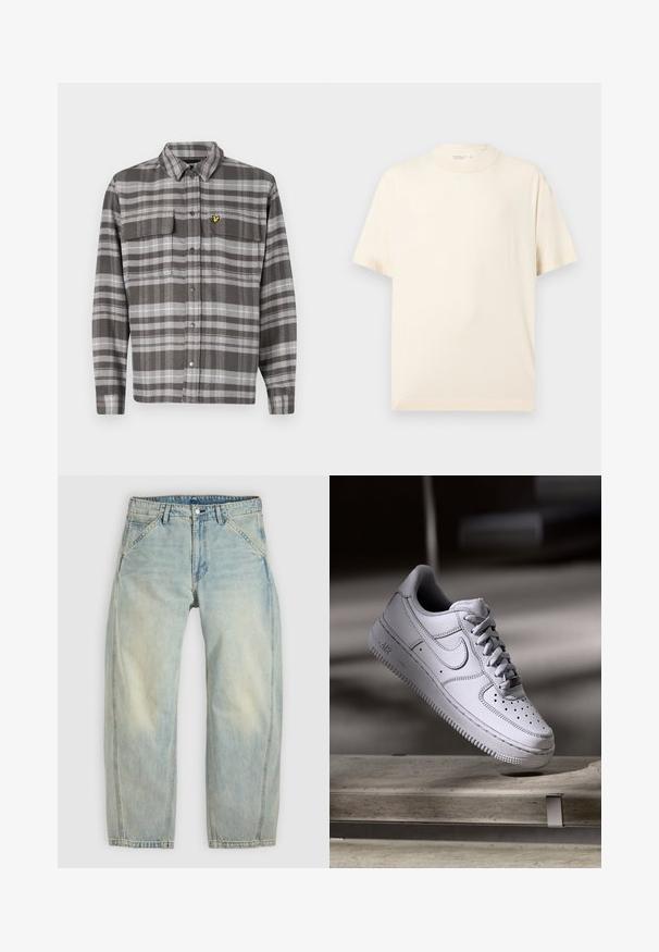 Grijze geruite shirt met twee borstzakken, knoopsluiting en gele logo-accent. De stof heeft een gestructureerde afwerking en een klassiek kraagontwerp.; Effen beige T-shirt met korte mouwen en ronde hals, plat gelegd op een lichtgrijze achtergrond.; Lichtblauwe jeans met wijde pijpen, gemaakt van denim. Heeft vijf zakken, een knoopsluiting en vervaagde plekken voor een versleten uitstraling.; Witte Nike Air Force 1 sneaker van leer met geperforeerde neus, platte veters en een gestructureerde rubberen zool met "AIR"-logo aan de zijkant.