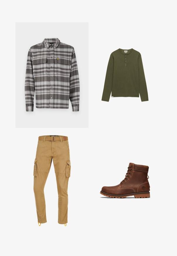 Camisa de cuadros grises con dos bolsillos en el pecho, cierre de botones y acento de logo amarillo. La tela tiene un acabado texturizado y un diseño de cuello clásico.; Camisa henley de manga larga en verde oliva con cuatro botones negros y cuello redondo, mostrada sobre un fondo blanco.; Pantalones cargo color beige con múltiples bolsillos, cinturón a juego y lazos amarillos en los bajos de los tobillos, diseñados para uso informal o laboral.; Botín de cuero marrón hasta el tobillo con diseño de cordones, cuello acolchado, costuras en contraste y suela de goma con un patrón de textura.
