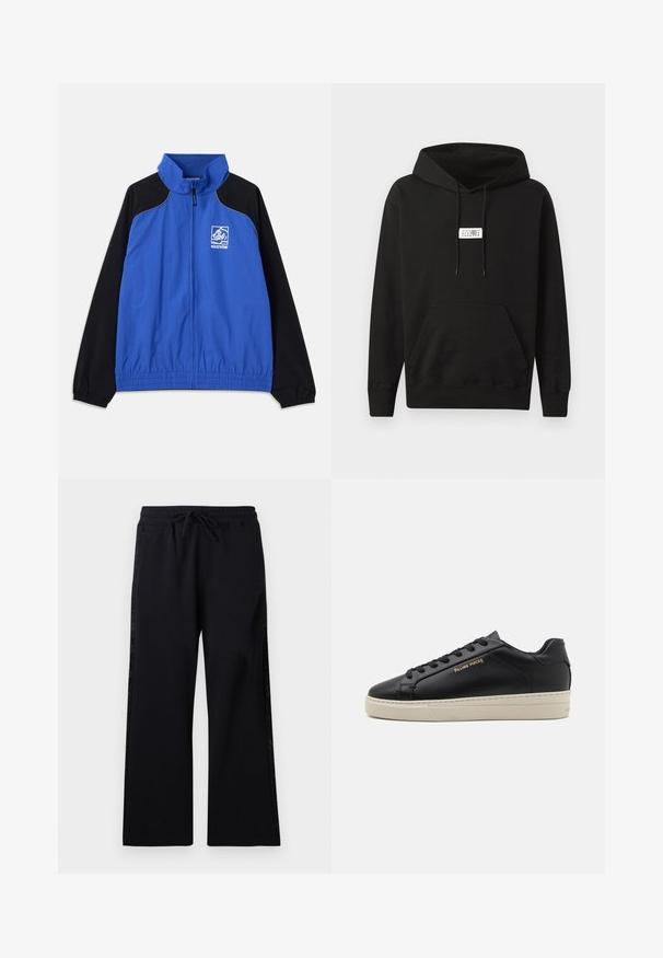 Blauwe en zwarte windbreakerjas met hoge kraag, elastische manchetten, voorrits, zijzakken en logo op de borst. Glad textuur van de stof.; Zwarte hoodie van katoen, met een voorste kangoeroezak, een capuchon met trekkoord en een klein wit label op de borst.; Les Benjamins Trainingsbroek - black; Zwarte leren sneaker met een gladde afwerking, contrasterende crèmekleurige zool, ronde neus, gouden logo aan de zijkant en zes gaatjes voor veters.
