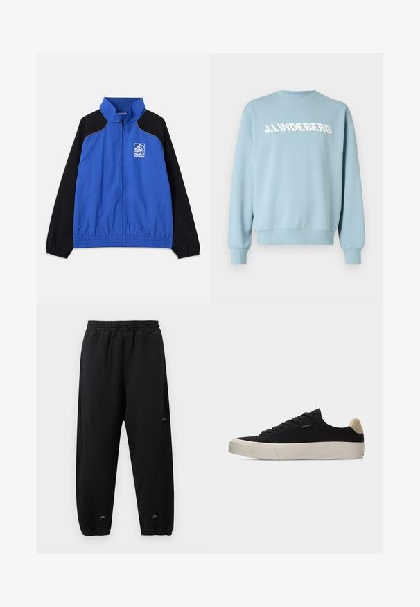 Blå og sort vindjakke med høj krave, elastiske manchetter, frontlynlås, sidelommer og logo på brystet. Glat stofstruktur.; Lyseblå sweatshirt lavet af blødt stof med et hvidt logo tryk på forsiden, rund halsudskæring og ribstrikkede ærmeafslutninger og kant.; Sorte joggingbukser med elastisk linning og manchetter, slim fit, subtile syningsdetaljer og lille hvidt logo nær anklerne og låret.; Sort lavsko med beige hælkappe, tyk hvid gummisål, sorte snørebånd og lille "PS Paul Smith" mærke på siden.
