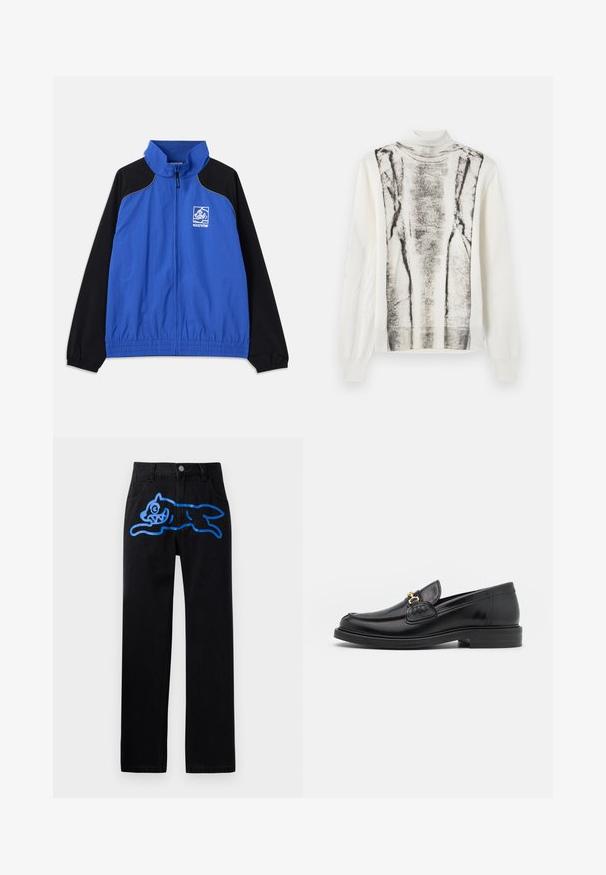 Blå og sort vindjakke med høj krave, elastiske manchetter, frontlynlås, sidelommer og logo på brystet. Glat stofstruktur.; Letvægts, cremefarvet sweater med høj hals. Har et abstrakt mønster i sort og grå på fronten. Lange ærmer med ribbede manchetter.; Sorte denimbukser med en afslappet pasform, prydet med et levende blåt grafisk motiv af en springende kat foran. Klassisk fem-lomme design.; Sorte læder loafers med en rund tå, der har guld hardware accent og syningsdetaljer, placeret på en lav, tekstureret gummisål.