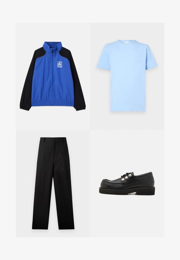 Blauwe en zwarte windbreakerjas met hoge kraag, elastische manchetten, voorrits, zijzakken en logo op de borst. Glad textuur van de stof.; Lichtblauw T-shirt met korte mouwen, gemaakt van zachte stof. Rondhalsontwerp, rechte zoom en minimale textuur. Geen patronen of accenten.; Zwarte broek van katoen met een rechte pijpdesign, voorzien van een sluiting met een knoop aan de voorkant en zijzakken. Gladde textuur, geen patronen.; Zwarte leren instappers met een ronde neus, voorzien van drie metalen accenten en een gestructurezool voor grip. Gladde bovenkant en gestikte details.