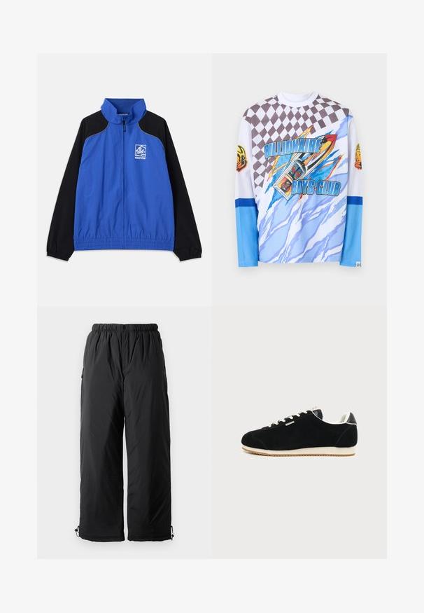 Blå og sort vindjakke med høj krave, elastiske manchetter, frontlynlås, sidelommer og logo på brystet. Glat stofstruktur.; Langærmet skjorte med teksten "Billionaire Boys Club", ternet mønster på toppen, blåt og hvidt abstrakt design samt astronaut-hjelm patches på ærmerne.; Sorte isolerede bukser med elastisk talje, der har sidelommer og justerbare mansjetter. Glat stof med en let blank overflade.; Sort ruskindssneaker med hvid sål og snørebånd, lavt design og lille sidelogo på ensfarvet lys grå baggrund.