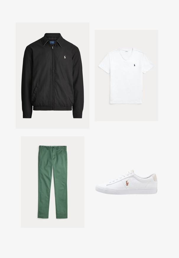Mustast lukuga jakk kraega, küljetaskudega, elastse äärega ja väikese valge Polo Ralph Laureni logoga vasakul rinnal.; Valge V-kaelusega lühikeste varrukatega T-särk, vasakul rinnal väikese mereväe sinise Polo Ralph Laureni logoga, kuvatud lamedalt heledal taustal.; Meeste rohelised sirge säärega püksid esitaskute, vööaasade ja nupuga sulgemisega, esitatud valgel taustal lahtilõigatult.; Valge kanvasest tennis, madala lõikega disain, millel on beež kontsapink ja väike tikitud logo küljel. Kummi välissole.