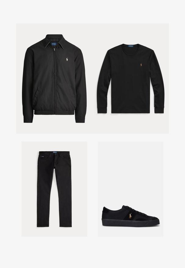 Čierna bunda na zips s golierom, bočnými vreckami, elastickým lemom a malým bielym logom Polo Ralph Lauren na ľavej strane hrude.; Čierne tričko s dlhým rukávom a okrúhlym výstrihom s malým vyšívaným logom Polo Ralph Lauren na ľavej strane hrudníka.; Čierne úzke džíny z denimu s piatimi vreckami, pútkami na opasok a modrou značkovou štítkom na páse. Hladká, odolná látka.; Čierne tenisky s textilným a semišovým zvrškom, okrúhlou špičkou, plochou gumovou podrážkou a vyšívaným logom na boku. Šnurovací dizajn so šiestimi očkami.