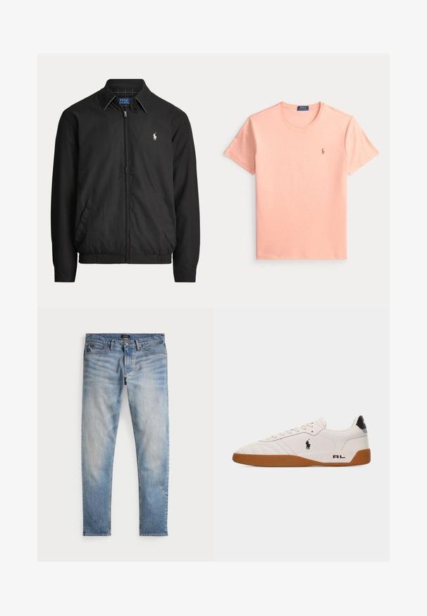 Sort lynlåstrøje med krave, sidelommer, elastisk kant og lille hvid Polo Ralph Lauren-logo på venstre bryst.; Lyserød kortærmet Polo Ralph Lauren t-shirt med rund hals og lille broderet polo-spiller logo på venstre bryst.; Lys blå denimjeans med en falmet finish, fem-lomme design og kontraststing. Har lynlås og bæltesløjfer. Lige pasform.; Hvid lav sneakers med brun gummisål, sort Polo Ralph Lauren-logo på siden og "RL" tekst på hælområdet.