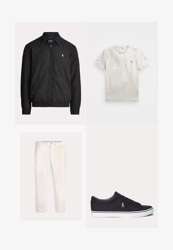Čierna bunda na zips s golierom, bočnými vreckami, elastickým lemom a malým bielym logom Polo Ralph Lauren na ľavej strane hrude.; Svetlosivé tričko s krátkym rukávom a okrúhlym výstrihom s malým tmavomodrým logom koňa Polo Ralph Lauren na ľavej strane hrude.; Pánske štíhle nohavice slonovinovej farby s prednými vreckami, pútkami na opasok a zapínaním na gombík na jednofarebnom pozadí.; Čierna nízka teniska s bielou podrážkou a vyšitým logom hráča póla na boku, s šnurovaním a textúrovaným vrchným materiálom.