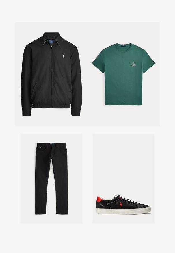 Čierna bunda na zips s golierom, bočnými vreckami, elastickým lemom a malým bielym logom Polo Ralph Lauren na ľavej strane hrude.; Zelené bavlnené tričko s krátkymi rukávmi a okrúhlym výstrihom. Výrazné logo Polo v bielej farbe na ľavej hrudi, hladká textúra.; Čierne úzke džíny z denimu s piatimi vreckami, pútkami na opasok a modrou značkovou štítkom na páse. Hladká, odolná látka.; Čierne semišové tenisky s bielymi šnúrkami, červenými akcentmi na päte a malým červeným logom. Obsahujú plochú gumovú podrážku a jednoduché prešívanie.