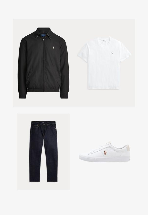Čierna bunda na zips s golierom, bočnými vreckami, elastickým lemom a malým bielym logom Polo Ralph Lauren na ľavej strane hrude.; Biele tričko s krátkym rukávom a výstrihom do V s malým tmavomodrým logom koňa Polo Ralph Lauren na ľavej strane hrudníka.; Tmavomodré rovné rifle s piatimi vreckami, zapínaním na gombík a zips, so z kontrastným oranžovým prešívaním na jednofarebnom pozadí.; Biele plátenné tenisky s nízkym strihom, ktoré majú béžový opasok na päte a malé vyšívané logo na boku. Gumová podrážka.