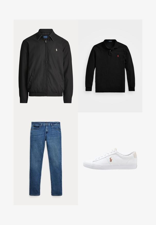 Zwarte jas met rits, kraag, zijzakken, elastische zoom en klein wit Polo Ralph Lauren-logo op de linkerborst.; Zwarte lange mouw polo met kraag en twee knopen, met een klein rood geborduurd logo op de linkerborst.; Blauwe denim jeans met een slim fit, voorzien van voorkantzakken, riemlussen en een knoopsluiting op een witte achtergrond.; Witte canvas sneakers met een laag ontwerp, featuring een beige hieltab en een klein geborduurd logo aan de zijkant. Rubber zool.
