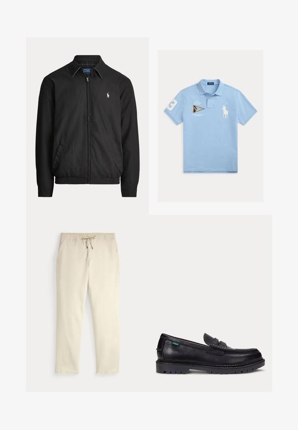 Zwarte jas met rits, kraag, zijzakken, elastische zoom en klein wit Polo Ralph Lauren-logo op de linkerborst.; Lichtblauw poloshirt met wit geborduurd polospeler-logo, jachtclubtekst, wimpelpatch op de borst en nummer 3 op de mouw.; Off-white casual broek met elastische tailleband en trekkoord, rechte pijpen en zijzakken op een effen achtergrond.; Zwarte leren loafer met dikke geprofileerde zool en klein groen "Polo" label aan de buitenkant bij de hiel.