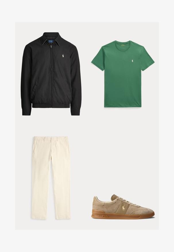 Čierna bunda na zips s golierom, bočnými vreckami, elastickým lemom a malým bielym logom Polo Ralph Lauren na ľavej strane hrude.; Zelené tričko s krátkym rukávom a okrúhlym výstrihom s malým bielym logom koníka Polo Ralph Lauren na ľavej strane hrudníka.; Krémové nohavice rovného strihu s pútkami na opasok a bočnými vreckami, zobrazené na svetlom pozadí.; Béžové nízke tenisky z brúseného semišu a kože s gumovou podrážkou, bielymi šnúrkami a logom Polo na boku a na podrážke.