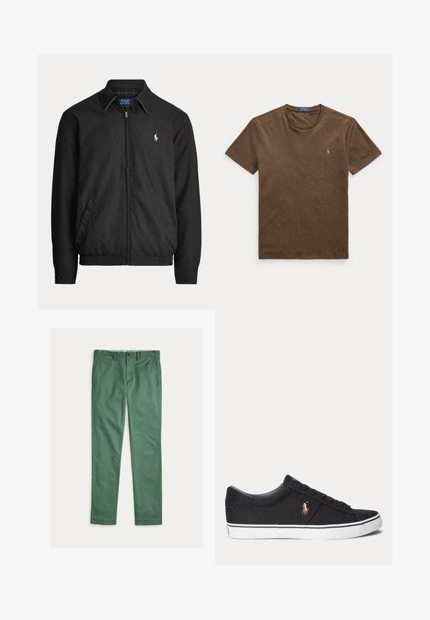 Čierna bunda na zips s golierom, bočnými vreckami, elastickým lemom a malým bielym logom Polo Ralph Lauren na ľavej strane hrude.; Hnedé tričko s krátkym rukávom a okrúhlym výstrihom s malým vyšívaným logom Polo Ralph Lauren na ľavej strane hrudníka.; Zelené pánske nohavice s rovnými nohavicami, prednými vreckami, pútkami na opasok a zapínaním na gombík, zobrazené na bielom pozadí.; Čierna nízka teniska s bielou podrážkou a vyšitým logom hráča póla na boku, s šnurovaním a textúrovaným vrchným materiálom.
