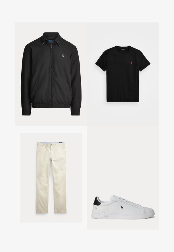 Čierna bunda na zips s golierom, bočnými vreckami, elastickým lemom a malým bielym logom Polo Ralph Lauren na ľavej strane hrude.; Čierne bavlnené tričko s okrúhlym výstrihom, krátkymi rukávmi a malým červeným vyšitým logom na ľavej hrudi. Hladká textúra, klasický strih.; Béžové bavlnené nohavice s rovnými nohavicami, opaskové pútká, predné zapínanie na gombík, zips a bočné vrecká.; Biela nízka teniska s čiernou pätovou pätkou, šnúrkami a logom Polo Ralph Lauren na boku, so zvýraznenými detailmi na podrážke.
