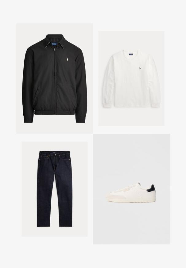 Mustast lukuga jakk kraega, küljetaskudega, elastse äärega ja väikese valge Polo Ralph Laureni logoga vasakul rinnal.; Valge pika varrukaga ümar kaelusega särk, millel on vasakul rinnal väike must Polo Ralph Laureni logo ja soonikkoes mansetid.; Tumedad indigotooni sirge lõikega teksapüksid viie tasku, nööbi- ja tõmblukuga ning kontrastse oranži õmblusega ühevärvilisel taustal.; Valged nahast tossud seemisnahast aktsentidega, millel on must kannaosa, paelaga kinnitussüsteem, perforatsioonid ja peened brändielemendid küljel.