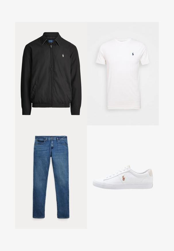 Čierna bunda na zips s golierom, bočnými vreckami, elastickým lemom a malým bielym logom Polo Ralph Lauren na ľavej strane hrude.; Biela bavlnená tričko s okrúhlym výstrihom. Na ľavej strane hrude je malé tmavomodré logo. Krátke rukávy, hladká textúra.; Modré rifle z denimu s úzkym strihom, s prednými vreckami, očkami na opasok a zapínaním na gombík na bielom pozadí.; Biele plátenné tenisky s nízkym strihom, ktoré majú béžový opasok na päte a malé vyšívané logo na boku. Gumová podrážka.
