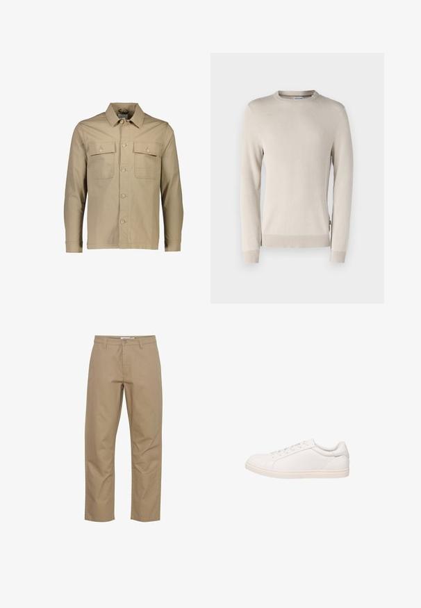 Beige bomuldsskjortejakke med krave, to brystlommer, knaplukning foran, lange ærmer og ensartet tekstur.; Beige striktrøje med et struktureret mønster, rund halsudskæring og ribbede manchetter og kant. Fremstillet af blødt, åndbart materiale.; Beige bomuldsbukser med lige ben-design, der har en frontknap og lynlås lukning, sidelommer og et rent finish.; Hvid lavt sneakersko med snørelukning og flad sål, vist i sideprofil på hvid baggrund.