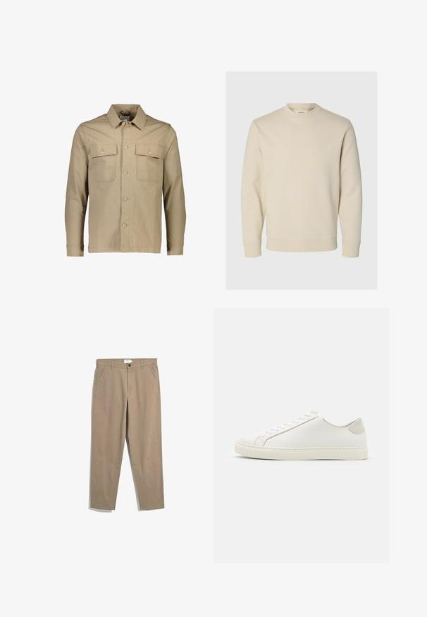 Beige Baumwollhemdjacke mit Kragen, zwei Brusttaschen, Knopfverschluss vorne, langen Ärmeln und schlichter Textur.; Cremefarbenes Sweatshirt mit langen Ärmeln und Rundhalsausschnitt, mit gerippten Bündchen und Saum, auf einem einfachen hellen Hintergrund dargestellt.; Farah NORWOOD - Stoffhose - beige; Weiße Leder Sneakers mit glatter Oberfläche, runder Zehenform und minimalistischem Design. Mit beigen Akzenten an der Ferse und einer Gummisohle.