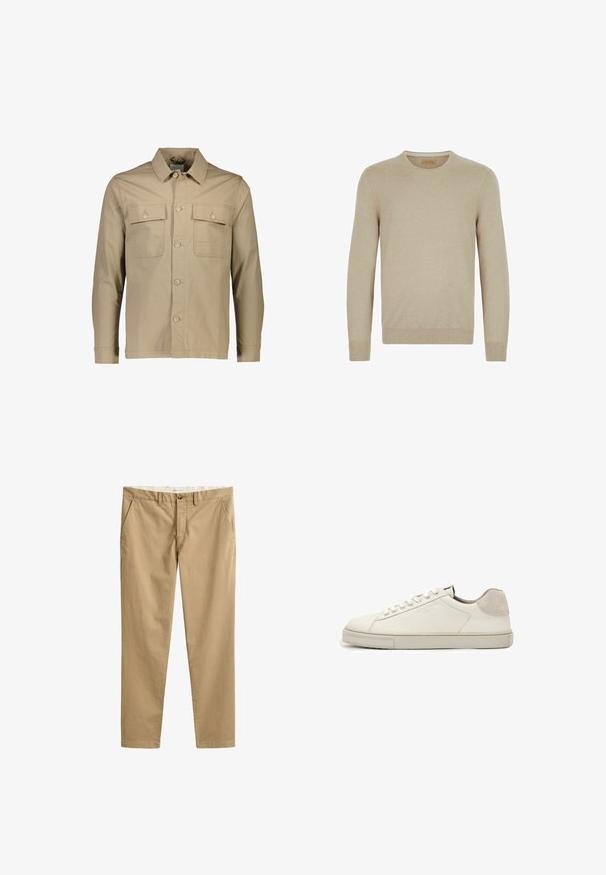 Beige bomuldsskjortejakke med krave, to brystlommer, knaplukning foran, lange ærmer og ensartet tekstur.; Beige striktrøje med lange ærmer, rund halsudskæring og ribbede cuffs og kant. Glat tekstur uden synlige mønstre eller dekorationer.; Beige chinos med lige ben, bæltestropper, frontknap, lynlås og sidelommer, vist fladt på en hvid baggrund.; Hvid lavtopet lædersneaker med hvide snørebånd, let struktureret sål og lys grå ruskinds-hælpatch, sideudsigt.