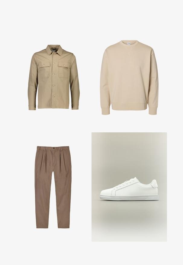 Beige bomuldsskjortejakke med krave, to brystlommer, knaplukning foran, lange ærmer og ensartet tekstur.; Beige crewneck sweatshirt med lange ærmer, ribstrikkede manchetter og kant samt en lille syet V-detalje under kraven.; Brune plisserede bukser med bæltestropper, knaplukning og lige ben, vist fladt på en hvid baggrund.; Lavtop hvid sneaker med snørelukning foran og tekstureret gummisål mod en ensartet neutral baggrund.