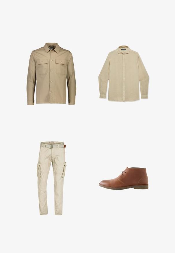 Beige Baumwollhemdjacke mit Kragen, zwei Brusttaschen, Knopfverschluss vorne, langen Ärmeln und schlichter Textur.; Beige langärmliges Hemd mit Knöpfen, Kragen und Manschetten, gefertigt aus leichtem Stoff, flach auf einem weißen Hintergrund liegend.; Beige Cargohose mit mehreren Klappentaschen, abgesteppten Kniedetails und einem passenden Stoffgürtel mit Metallschnalle.; Brauner Lederknöchelstiefel mit Schnürsenkeln, abgesteppten Details und flacher Sohle, von der Seite auf weißem Hintergrund gezeigt.