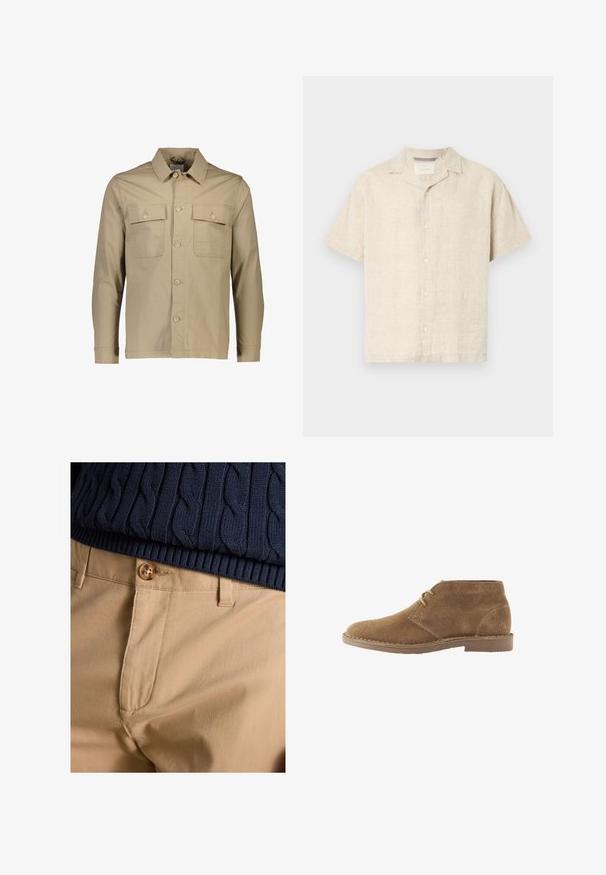 Beige bomuldsskjortejakke med krave, to brystlommer, knaplukning foran, lange ærmer og ensartet tekstur.; Lys beige kortærmet skjorte med knapper lavet af hør, med en camp krave, rene linjer og subtil tekstur, med fem forreste knapper.; Nærbillede af beige bukser med knaplukning kombineret med navyblå kabelstrikket sweaterkant.; Brun ruskind ankelhøj afslappet sko med to snørehuller og syet sål på hvid baggrund, set fra siden.