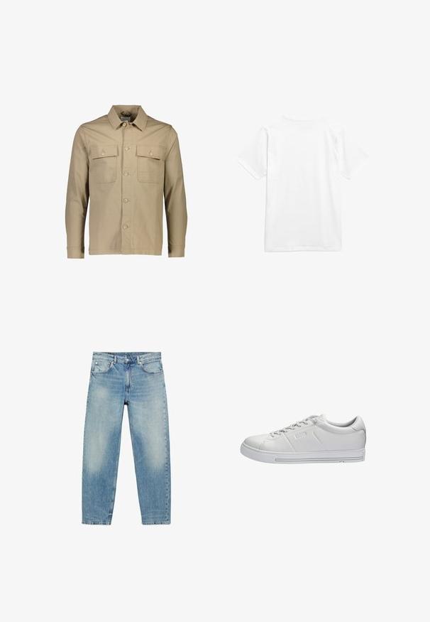 Beige katoenen shirt-jack met een kraaghals, twee borstzakken, knoopsluiting aan de voorkant, lange mouwen en een effen textuur.; Witte katoenen t-shirt met korte mouwen en een ronde hals. De stof lijkt glad zonder patronen of zichtbare hardware.; Jeans met rechte pijpen van blauwe denim, met voorzakken en riemlussen, met lichte vervaagde details op dijen en knieën.; Witte lage leren sneaker met veters, geperst merkteken aan de zijkant en een platte rubberen zool met subtiele horizontale strepen.