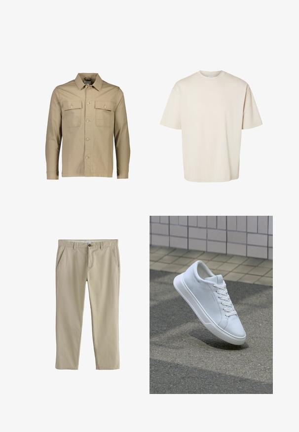 Beige katoenen shirt-jack met een kraaghals, twee borstzakken, knoopsluiting aan de voorkant, lange mouwen en een effen textuur.; Effen beige oversized katoenen T-shirt met korte mouwen en ronde hals, plat gelegd op een witte achtergrond.; Beige rechte broek met zijzakken, riemlussen en een knoopsluiting in de taille.; Witte lage sneaker met veters zwevend boven gestructureerd asfalt en een beige betegeld oppervlak op de achtergrond.