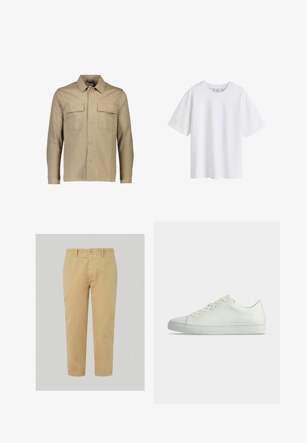 Chaqueta de camisa de algodón beige con cuello de solapa, dos bolsillos en el pecho, cierre frontal de botones, mangas largas y textura lisa.; Camiseta blanca lisa de algodón con mangas cortas y cuello redondo, mostrada de frente sobre un fondo blanco.; Chinos caqui con un diseño de pierna recta, que cuentan con un cierre de botón en la parte delantera, trabillas para el cinturón y un tejido de algodón suave. Largo recortado.; Zapatilla blanca de caña baja con cordones, parte superior de cuero liso y suela de goma plana, mostrada de lado sobre un fondo liso.