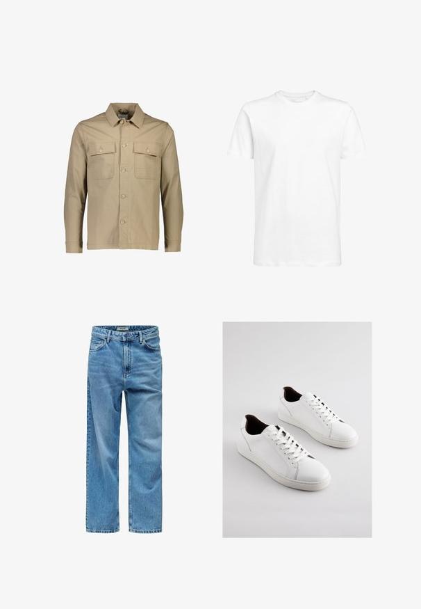 Veste en coton beige avec un col, deux poches poitrine, fermeture à boutons sur le devant, manches longues et texture uni.; T-shirt blanc à manches courtes en coton, avec un col rond et une coupe standard. Design uni, sans motifs ni accents visibles.; Jean en denim bleu clair à jambes droites avec poches avant, passants pour ceinture, fermeture par bouton et étiquette de marque visible sur la ceinture.; Baskets en cuir blanc à profil bas, côtés perforés, lacets plats et doublure intérieure marron contrastante. Semelle en caoutchouc avec motif texturé.