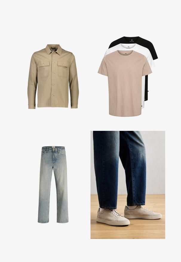 Beige bomuldsskjortejakke med krave, to brystlommer, knaplukning foran, lange ærmer og ensartet tekstur.; Tre kortærmede T-shirts i beige, hvid og sort. Fremstillet af bomuld, med rund hals og en afslappet pasform. Letvægtsstof.; Lys blå denimjeans med lige ben, høj talje og subtil falming. Klassisk fem-lomme design med knaplukning.; Beige ruskind sneakers med lav profil, rund tå og flad gummisål, parret med mørke denim jeans med afslappet pasform.