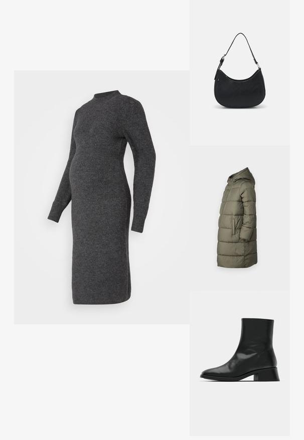 Damen Steppjacke in Olivgrün. Mit Kapuze, durchgehendem Reißverschluss, zwei Seitentaschen und einem gesteppten Design mit horizontalen Nähten.; Graues, gestricktes Umstandskleid mit langen Ärmeln, gerippter Textur, hohem Halsausschnitt und figurbetonter Form, die bis zur Mitte der Wade reicht.; Schwarze Ankle Boots aus glänzendem Leder, mit einem eleganten Design, spitzer Zehenpartie und einem moderaten Blockabsatz für Stabilität.; Schwarze Hobo-Tasche aus glattem Leder mit einer geschwungenen Silhouette, ausgestattet mit einem einzelnen verstellbaren Trageriemen und minimalistischem Design.