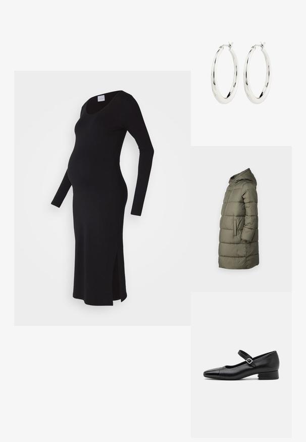 Dame puffer jakke i olivengrøn. Har hætte, hel lynlås, to sidelommer og et quiltet design med vandret syninger.; Sort langærmet graviditetskjole, tætsiddende pasform, scoop halsudskæring, sideslids for lethed, lavet af blødt, strækbart stof.; Sorte læder Mary Jane-sko med en patenttå, justerbar ankelrem og lav blokhæl. Glat tekstur og strømlinet design.; Sølvøreringe i form af hoops med en glat, blank finish. Cirkulær form, der har en sikker lås. Simpelt og elegant design.