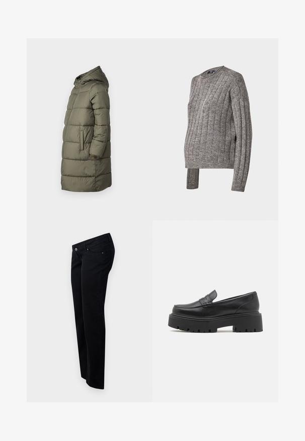 Damen Steppjacke in Olivgrün. Mit Kapuze, durchgehendem Reißverschluss, zwei Seitentaschen und einem gesteppten Design mit horizontalen Nähten.; Grauer gerippter Strickpullover mit rundem Ausschnitt und langen Ärmeln, ausgestattet mit seitlichen Schlitzen am Saum für zusätzlichen Komfort und Passform.; Schwarze Denim-Jeans mit geradem Bein, mit einem Frontknopfverschluss, Gürtelschlaufen und fünf Taschen. Glatte, matte Textur.; Schwarze Lederloafers mit einer niedrigen, dicke Gummisohle, gesteppten Details im Obermaterial und einer glatten Textur.