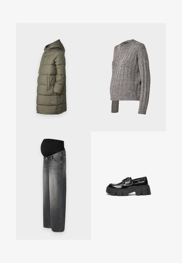 Dame puffer jakke i olivengrøn. Har hætte, hel lynlås, to sidelommer og et quiltet design med vandret syninger.; Grå ribstrikket sweater med rund hals og lange ærmer, der har sidelæg ved kanten for ekstra komfort og pasform.; Graviditetsjeans i falmet sort denim med en strækbar sort talje for støtte. Vidde ben design med standard forlommer.; Sort laker i patenteret læder med en kraftig sort platformsål og dekorative øjer. Glat tekstur med rund tå og snøredetalje.