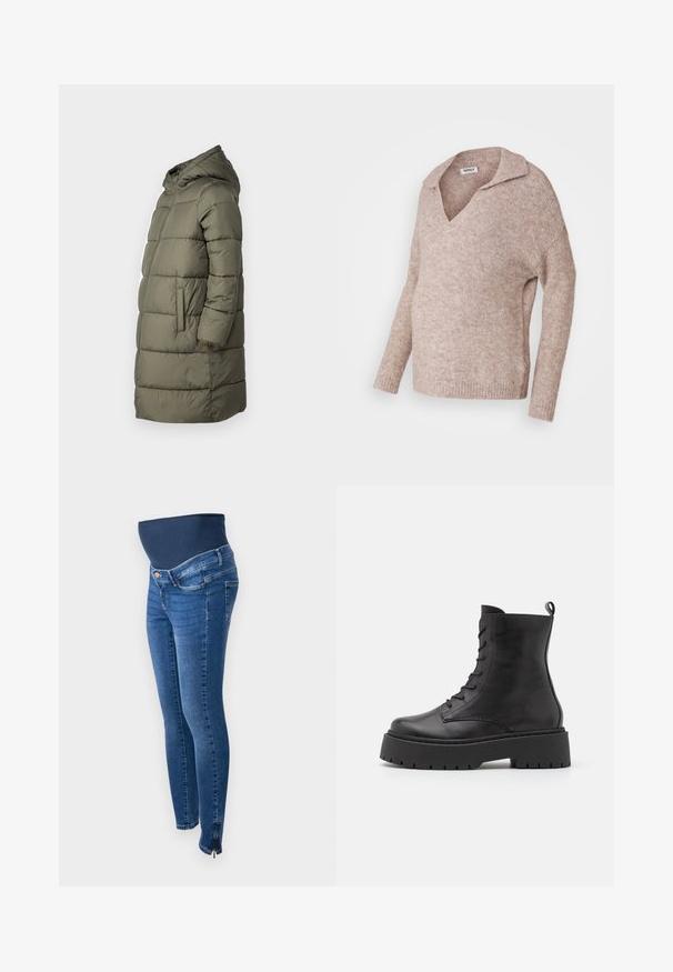 Damen Steppjacke in Olivgrün. Mit Kapuze, durchgehendem Reißverschluss, zwei Seitentaschen und einem gesteppten Design mit horizontalen Nähten.; Hellbeige, gestrickter Pullover mit V-Ausschnitt und Kragen. Weiche Textur, lange Ärmel, lässige Passform und gerippte Saumdetails.; Schwangerschaftsjeans aus dunkelblauem Denim. Slim Fit mit einem dehnbaren, unterstützenden Bauchband. Mit seitlichen Reißverschlüssen an den Knöcheln.; Schwarze Leder-Stiefelette mit einer dicken, strukturierten Sohle, ausgestattet mit einer Schnürung an der Vorderseite, gepolstertem Kragen und einer Schlaufe zum Hineinschlüpfen auf der Rückseite.