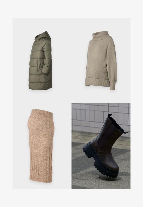 Dame puffer jakke i olivengrøn. Har hætte, hel lynlås, to sidelommer og et quiltet design med vandret syninger.; Lys grå striktrøje med en høj ribbet halsudskæring og ribbede manchetter. Løs pasform med en blød tekstur, der har sænket skuldersømme.; Brun ribbet nederdel med elastisk talje, knælang, med en glat tekstur og ensartet mønster, vist fra siden mod en hvid baggrund.; Mørkebrun læderstøvle med tyk sort slidssål, elastiske sidelommer og trækstropper, placeret oprejst på flisebelagt udendørs fortov.