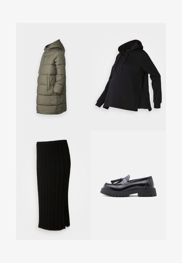 Manteau matelassé pour femmes en vert olive. Doté d'une capuche, d'une fermeture éclair sur toute la longueur, de deux poches latérales et d'un design matelassé avec des coutures horizontales.; Sweatshirt noir à capuche, avec des fentes sur les côtés et des manches longues. Fabriqué en tissu doux, il offre une coupe décontractée pour le confort.; Jupe en tricot noir avec des côtes verticales, une taille ajustée et une fente latérale avec un accent décoratif doré sur l'ourlet.; Mocassins en cuir noir avec une forme effilée, un détail à pampilles, et une semelle en caoutchouc épaisse présentant un motif cramponné pour une meilleure adhérence.