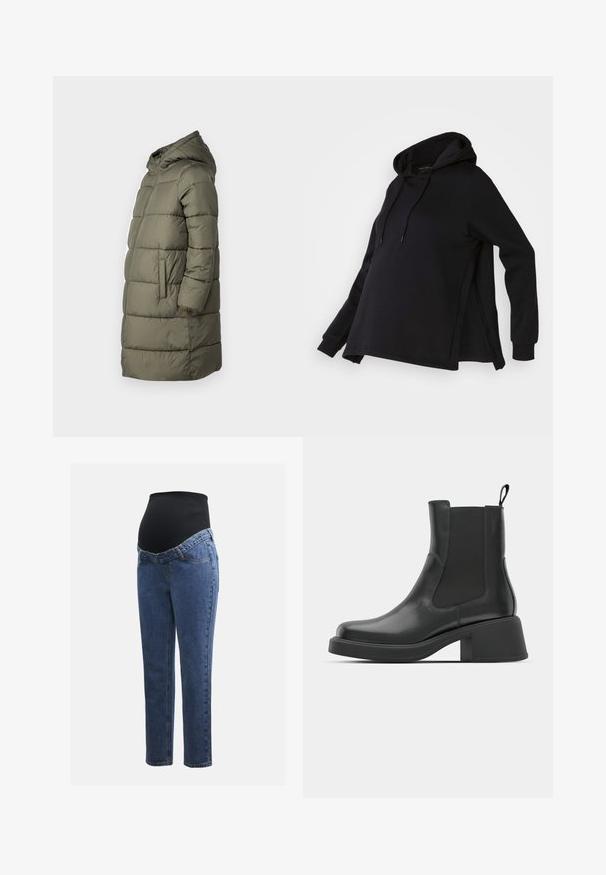 Dames pufferjas in olijfgroen. Voorzien van een capuchon, een rits over de volle lengte, twee zijzakken en een gestikt ontwerp met horizontale stiksels.; Zwarte sweatshirt met een capuchon, voorzien van zijsplitten en lange mouwen. Gemaakt van zachte stof, biedt het een relaxte pasvorm voor comfort.; Zwangerschapsjeans met blauwe denim benen en een zwart rekbaar buikpaneel, ontworpen om een groeiende buik te ondersteunen en te bedekken.; Zwarte leren enkellaarsjes met elastische zijpanelen, ronde neus en een stevige blokhak. Gladde textuur met een minimalistisch ontwerp.