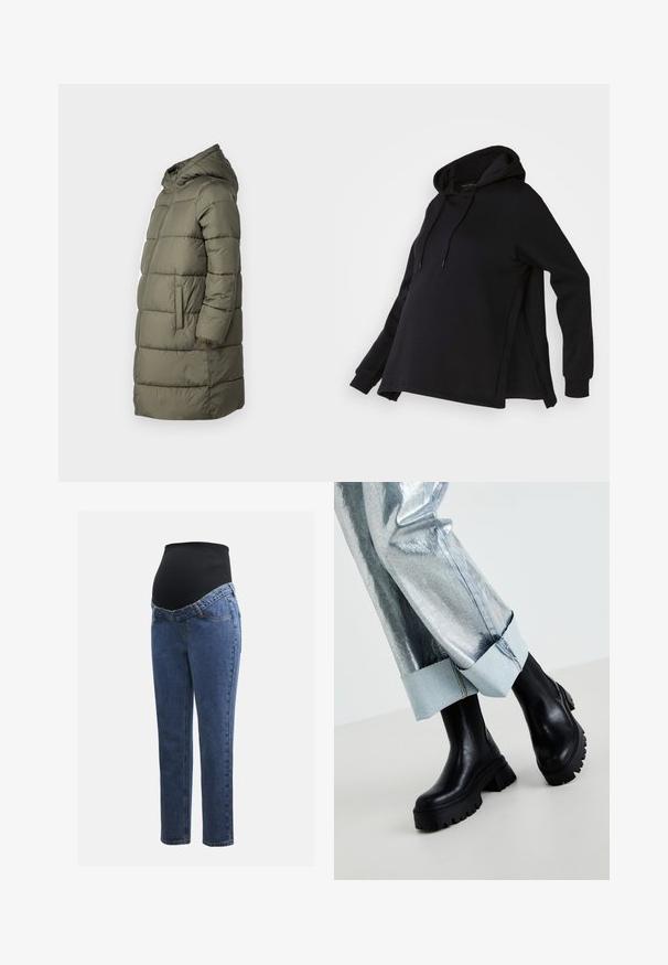 Dame puffer jakke i olivengrøn. Har hætte, hel lynlås, to sidelommer og et quiltet design med vandret syninger.; Sort sweatshirt med hætte, med sideskår og lange ærmer. Fremstillet af blødt stof, tilbyder den en afslappet pasform for komfort.; Graviditetsjeans med ben i blå denim og en sort strækbare abdominalpanel designet til at støtte og dække en voksende mave.; Sorte chunky ankelstøvler med teksturerede såler, iført sølvmetallic bukser med en lys denimopretning. Minimalistisk design, slanke materialer.