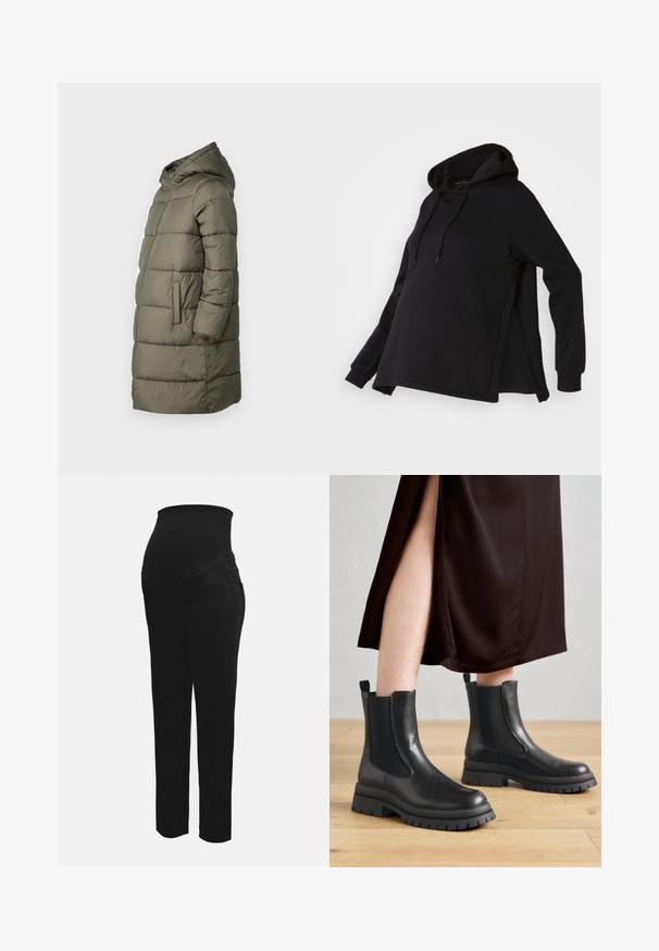 Dame puffer jakke i olivengrøn. Har hætte, hel lynlås, to sidelommer og et quiltet design med vandret syninger.; Sort sweatshirt med hætte, med sideskår og lange ærmer. Fremstillet af blødt stof, tilbyder den en afslappet pasform for komfort.; Sorte graviditetsbukser med strækbar høj talje designet til at støtte en gravid mave, lige ben og forlommer.; Sorte læderankelstøvler med elastiske sidepaneler, chunky gummisåler og hæltrækstropper; kombineret med en mørkebrun midikjole.