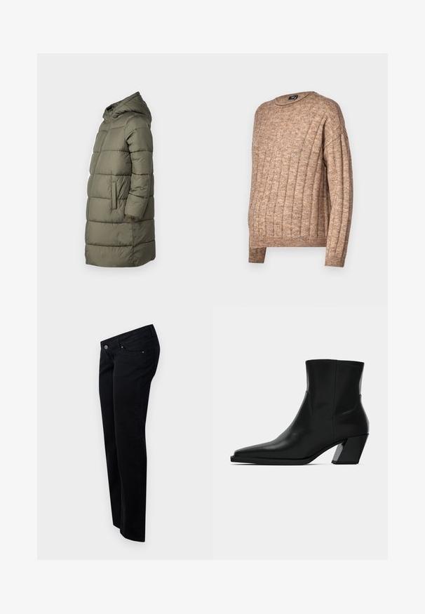Damen Steppjacke in Olivgrün. Mit Kapuze, durchgehendem Reißverschluss, zwei Seitentaschen und einem gesteppten Design mit horizontalen Nähten.; Brauner, gerippter Pullover mit Rundhalsausschnitt, der ein strukturiertes Strickdesign aufweist. Lange Ärmel und eine lockere Passform, mit sichtbaren Nahtdetails.; Schwarze Denim-Jeans mit geradem Bein, mit einem Frontknopfverschluss, Gürtelschlaufen und fünf Taschen. Glatte, matte Textur.; Schwarze Leder-Stiefelette mit spitzem Zeh, schlanker Silhouette und klobigem quadratischem Absatz. Glatte Textur mit minimalen Nähdetails.