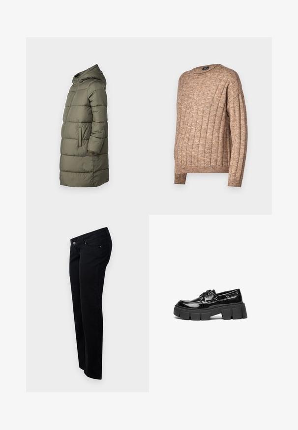 Damen Steppjacke in Olivgrün. Mit Kapuze, durchgehendem Reißverschluss, zwei Seitentaschen und einem gesteppten Design mit horizontalen Nähten.; Brauner, gerippter Pullover mit Rundhalsausschnitt, der ein strukturiertes Strickdesign aufweist. Lange Ärmel und eine lockere Passform, mit sichtbaren Nahtdetails.; Schwarze Denim-Jeans mit geradem Bein, mit einem Frontknopfverschluss, Gürtelschlaufen und fünf Taschen. Glatte, matte Textur.; Schwarze Lacklederloafer mit einer robusten schwarzen Plattformsohle und dekorativen Ösen. Glatte Textur mit runder Zehenpartie und Schnürdetail.