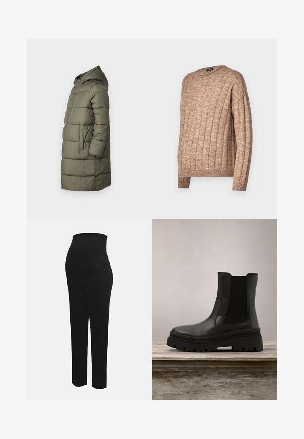 Dame puffer jakke i olivengrøn. Har hætte, hel lynlås, to sidelommer og et quiltet design med vandret syninger.; Brun ribbet sweater med rund hals, der har et tekstureret strikdesign. Lange ærmer og en afslappet pasform med synlige søm-detaljer.; Sorte graviditetsbukser med strækbar høj talje designet til at støtte en gravid mave, lige ben og forlommer.; Sort læder ankelstøvle med en kraftig sål, elastiske sidepaneler og en glat overflade. Elevaret design med kontrasterende såldetalje.