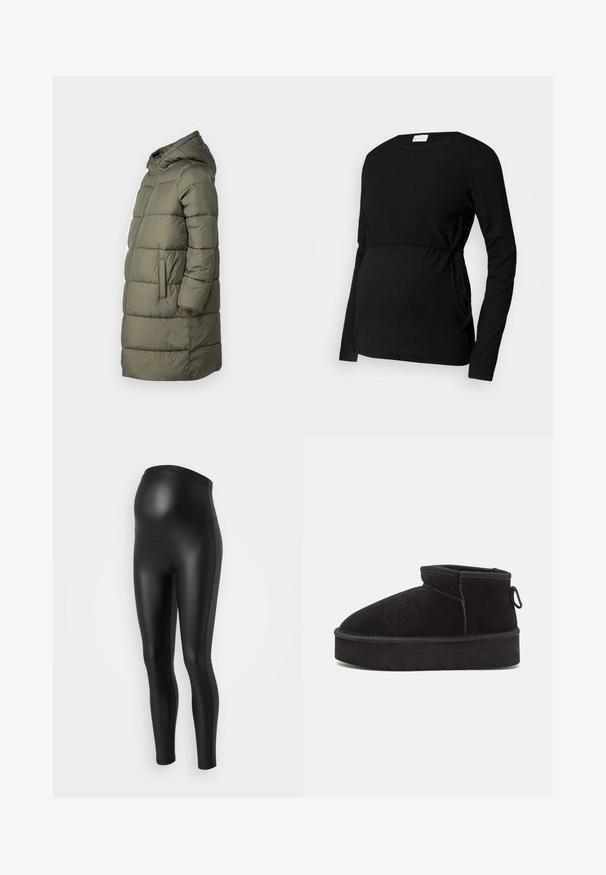 Dame puffer jakke i olivengrøn. Har hætte, hel lynlås, to sidelommer og et quiltet design med vandret syninger.; Sort langærmet graviditetstop lavet af tekstureret stof. Har en snøret talje og sidelæg, der giver justerbar pasform.; Sorte graviditetsleggings med en glat, blank overflade. Høj talje design, der tilpasser sig en voksende mave. Stretchstof for komfort og pasform.; Sorte ruskinds ankelstøvler med en rund tå, der har en forhøjet sål og en sidesløjfe for nem påtagning. Designet er enkelt med minimale detaljer.